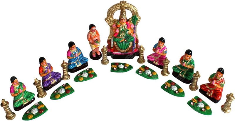 UNIKK Kamakshi Vilakku Puja Set 26 cm Height of 22 Pieces Made of Paper Mache Multicolor
