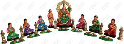 UNIKK Kamakshi Vilakku Puja Set 26 cm Height of 22 Pieces Made of Paper Mache Multicolor