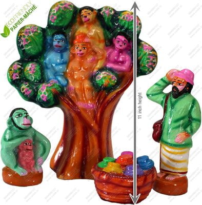 UNIKK The Monkey and The Cap Seller 27 cm Height of 4 Pieces Made of Paper Mache Multicolor
