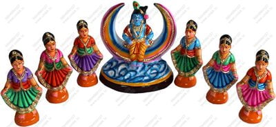 UNIKK Krishna and Gopikas Dancing with Moon Set 24 cm Height of 7 Pieces Made of Paper Mache