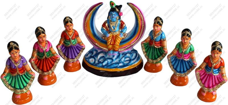 UNIKK Krishna and Gopikas Dancing with Moon Set 24 cm Height of 7 Pieces Made of Paper Mache