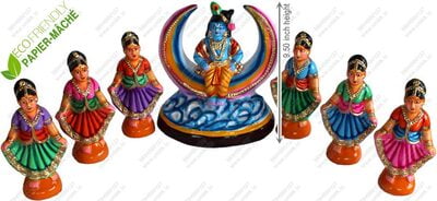 UNIKK Krishna and Gopikas Dancing with Moon Set 24 cm Height of 7 Pieces Made of Paper Mache