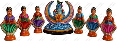 UNIKK Krishna and Gopikas Dancing with Moon Set 24 cm Height of 7 Pieces Made of Paper Mache