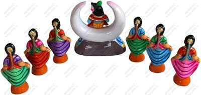 UNIKK Krishna and Gopikas Dancing with Moon Set 24 cm Height of 7 Pieces Made of Paper Mache