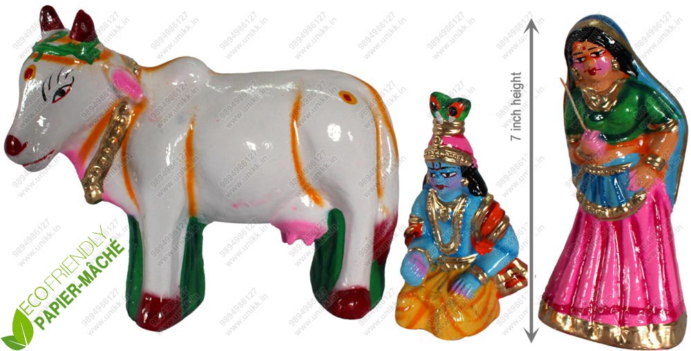 UNIKK Yashoda Krishna Set 17 cm Height of 3 Pieces Made of Eco Friendly Paper Mache Multicolor